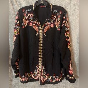 Johnny Was Black Simone Blouse with Vibrant Embroidery